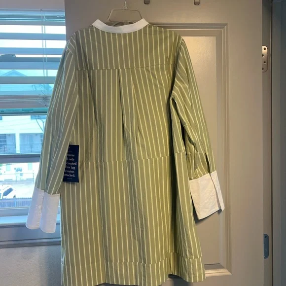 Pomander Place Sage Green and White Striped Shirt Dress - Picture 3 of 4